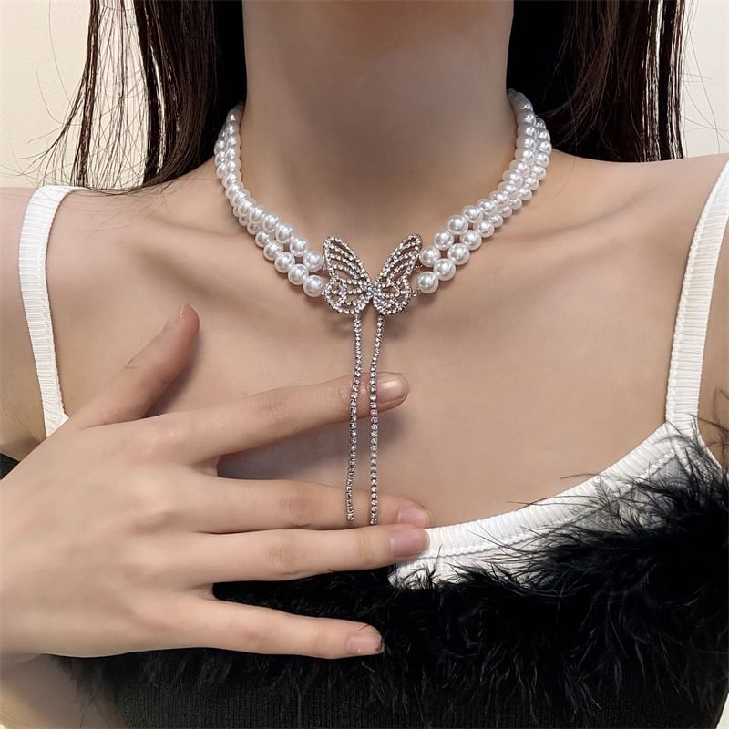 Rhinestone Butterfly Alloy Choker Faux Pearl