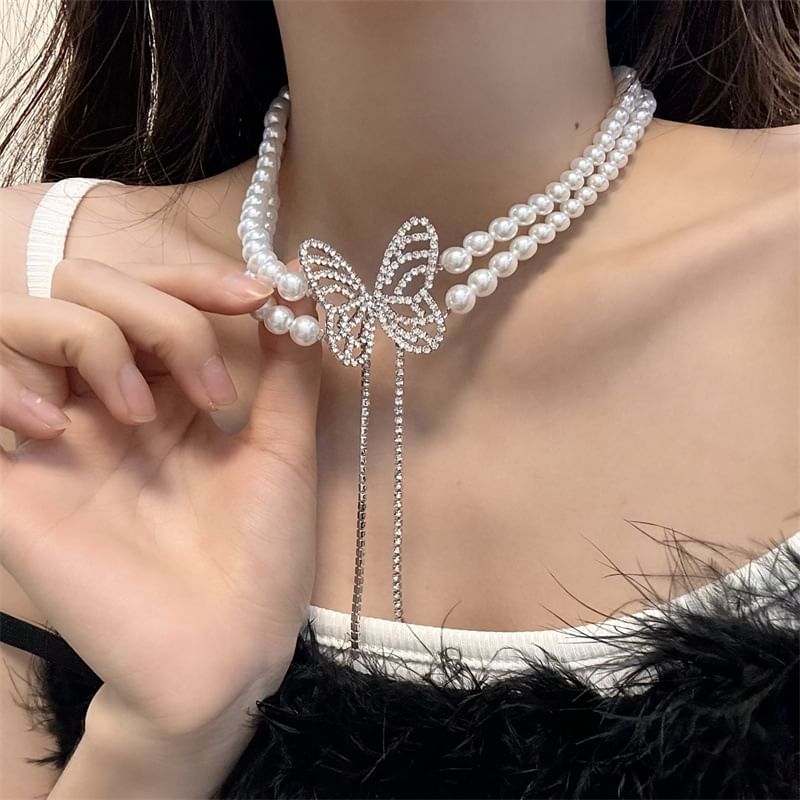 Rhinestone Butterfly Alloy Choker Faux Pearl