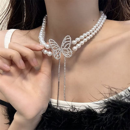 Rhinestone Butterfly Alloy Choker Faux Pearl