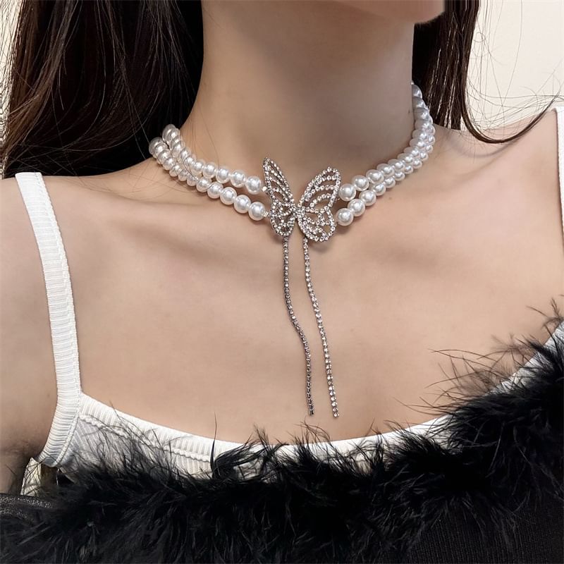 Rhinestone Butterfly Alloy Choker Faux Pearl