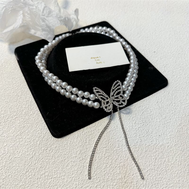 Rhinestone Butterfly Alloy Choker Faux Pearl