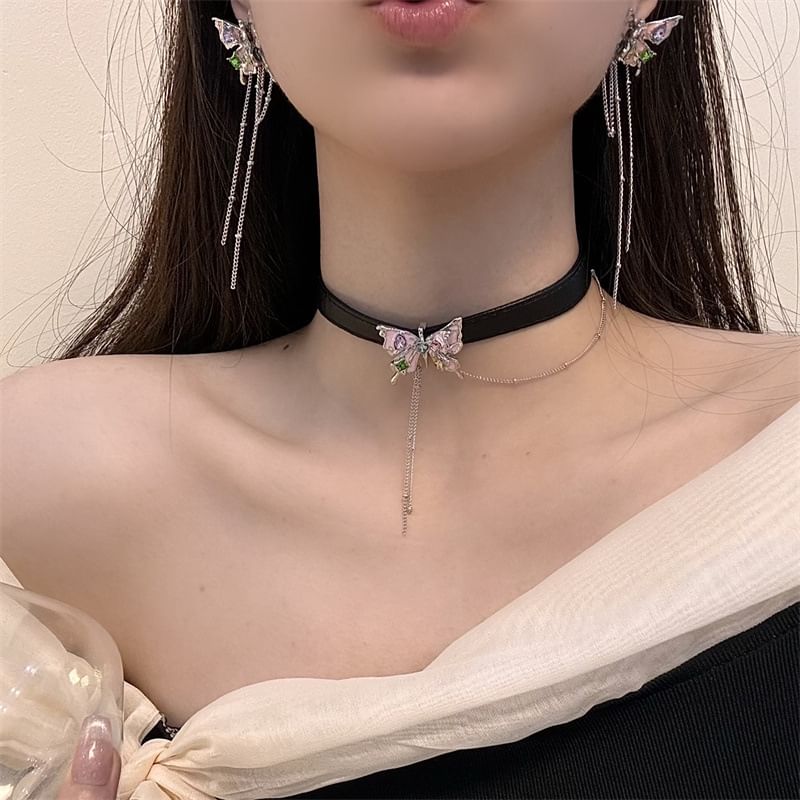 Choker Alloy / Faux Butterfly Threader Leather Earring