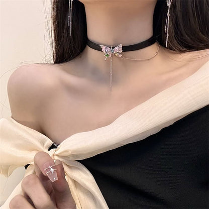 Choker Alloy / Faux Butterfly Threader Leather Earring