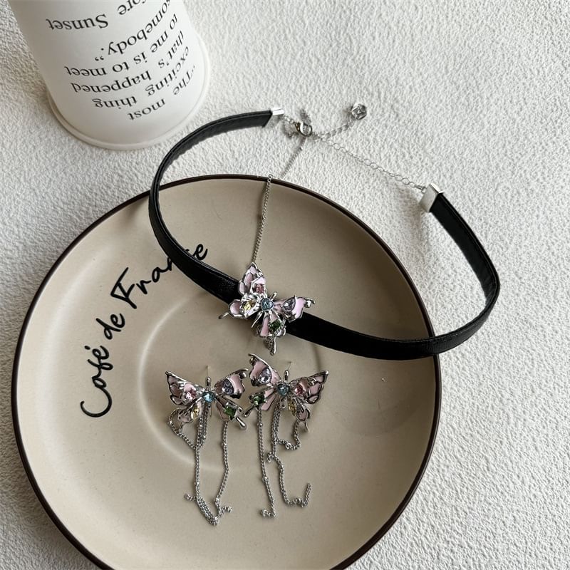 Choker Alloy / Faux Butterfly Threader Leather Earring