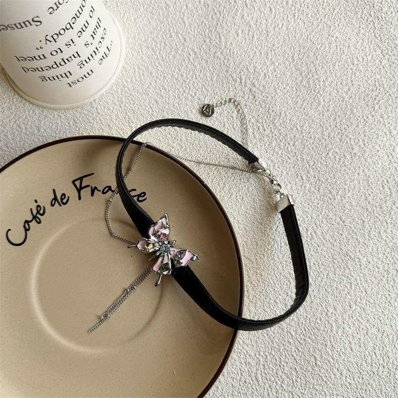 Choker Alloy / Faux Butterfly Threader Leather Earring