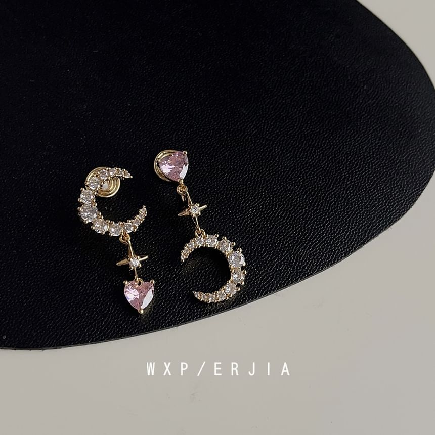 Alloy Asymmetrical Star Rhinestone Moon Earring Dangle