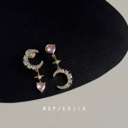 Alloy Asymmetrical Star Rhinestone Moon Earring Dangle