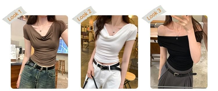Off-Shoulder Tee Short-Sleeve Crop Ruched Plain