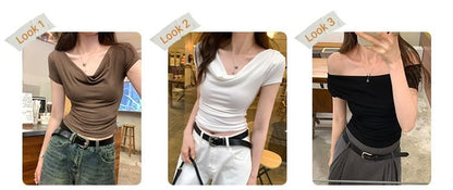Off-Shoulder Tee Short-Sleeve Crop Ruched Plain