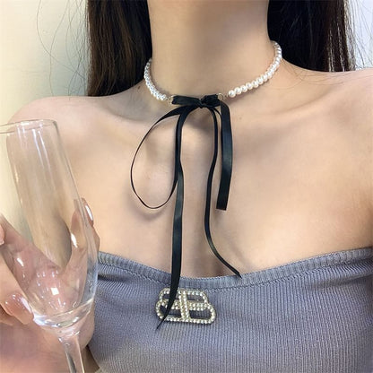 Choker Bow Pearl / Hoop Earring Faux