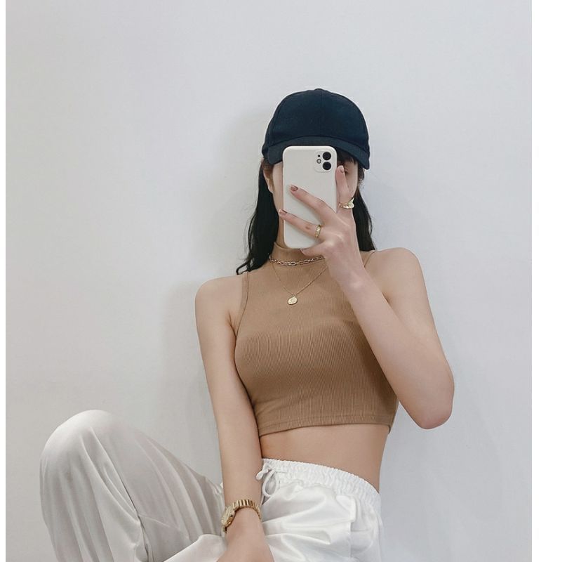 Mock Neck Plain Crop Tank Top