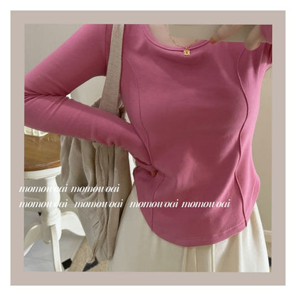 Asymmetrical T-Shirt Scoop Long-Sleeve Plain Neck