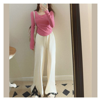 Asymmetrical T-Shirt Scoop Long-Sleeve Plain Neck