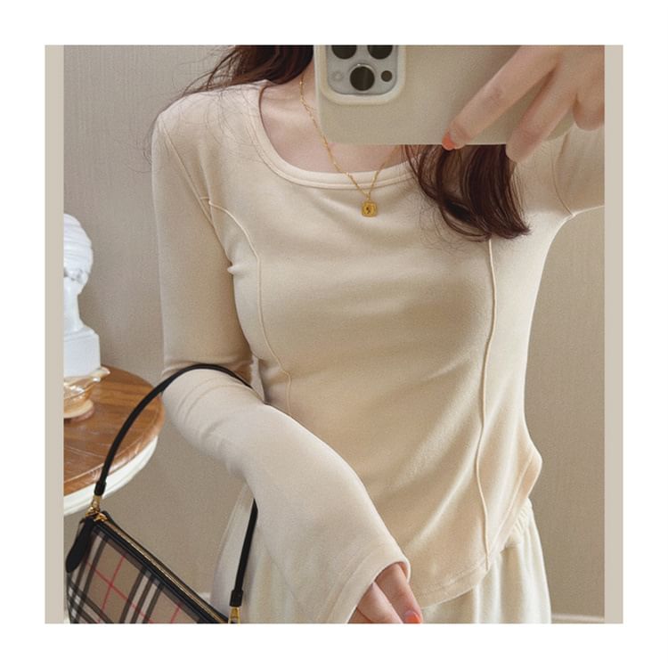 Asymmetrical T-Shirt Scoop Long-Sleeve Plain Neck