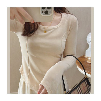 Asymmetrical T-Shirt Scoop Long-Sleeve Plain Neck