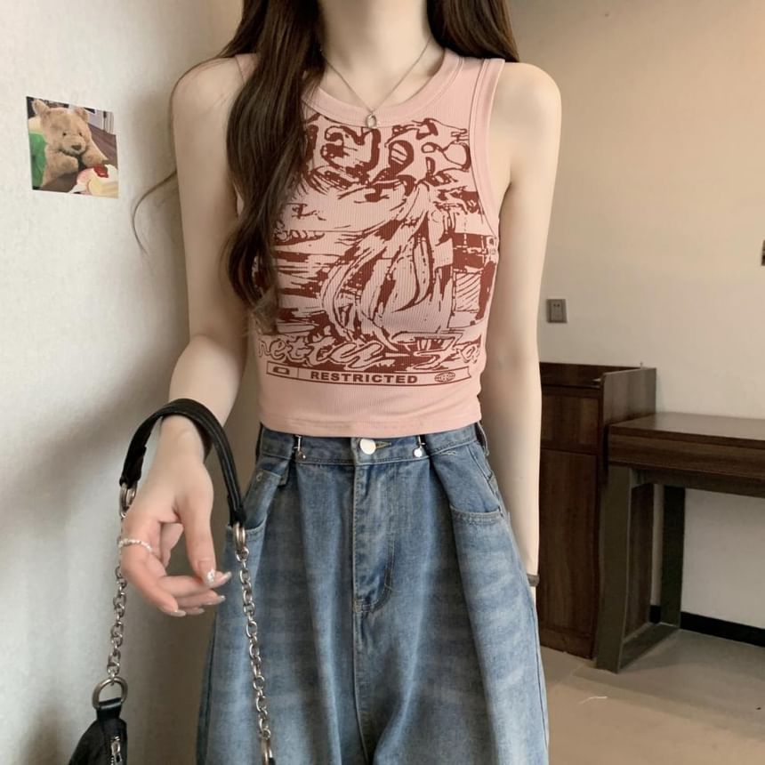 Tank Crop Print Neck Round Top Graphic