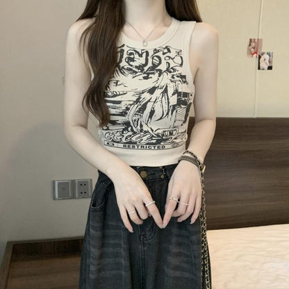 Tank Crop Print Neck Round Top Graphic
