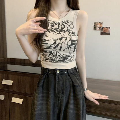 Tank Crop Print Neck Round Top Graphic