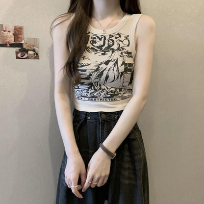 Tank Crop Print Neck Round Top Graphic