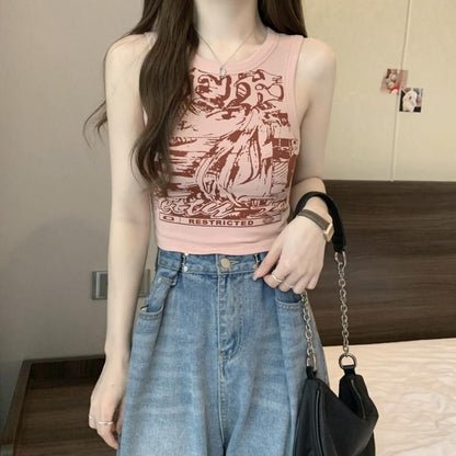 Tank Crop Print Neck Round Top Graphic