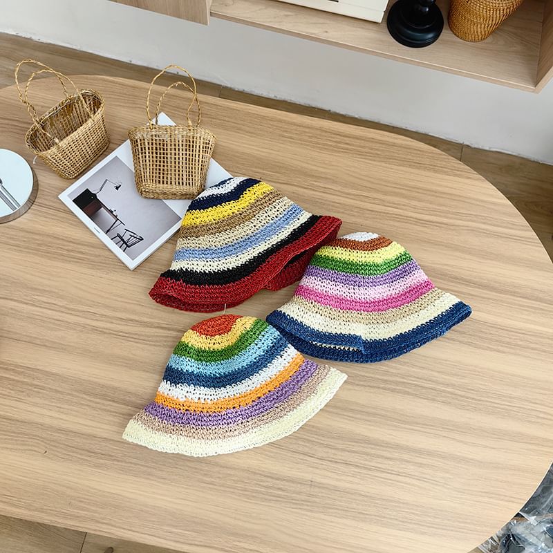 Hat Straw Striped Bucket