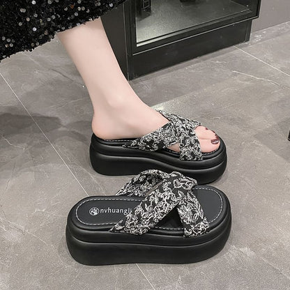 Floral Sandals Jacquard Slide Platform