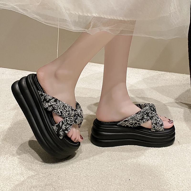 Platform Slide Floral Patterned Sandals