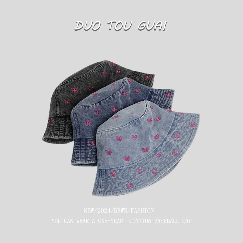 Bucket Hat Embroidered Denim Washed Bow