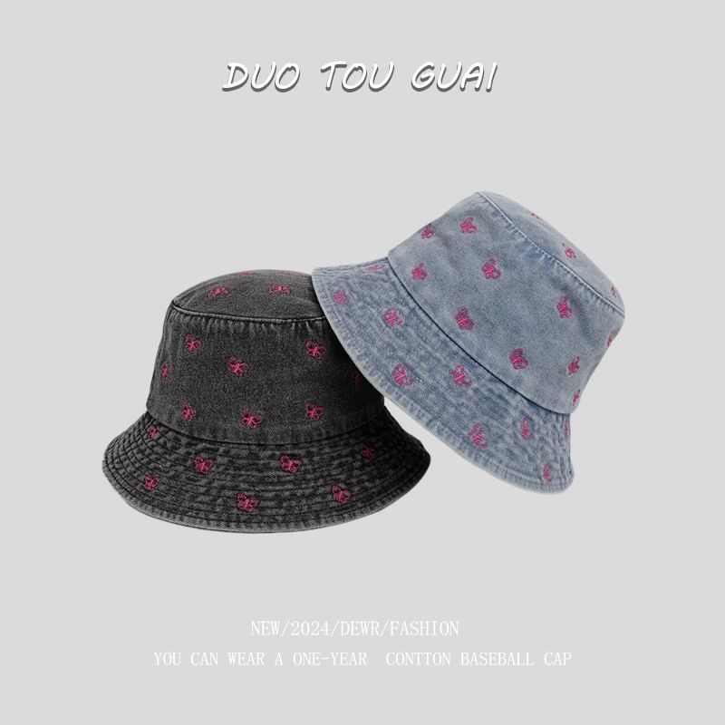 Bucket Hat Embroidered Denim Washed Bow