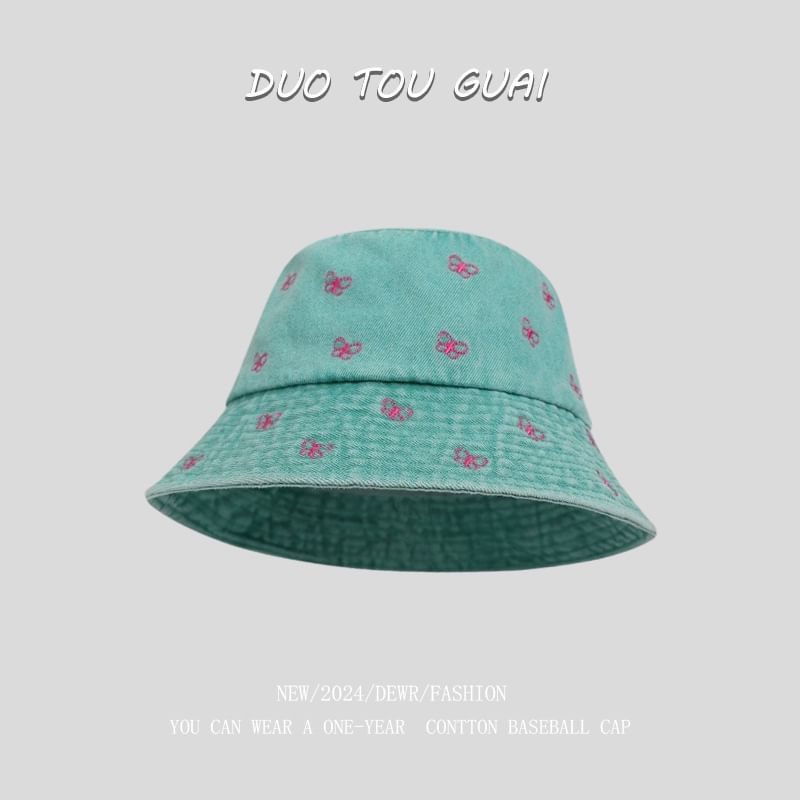 Bucket Hat Embroidered Denim Washed Bow