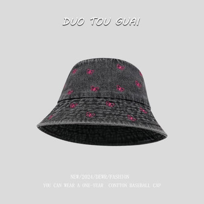 Bucket Hat Embroidered Denim Washed Bow