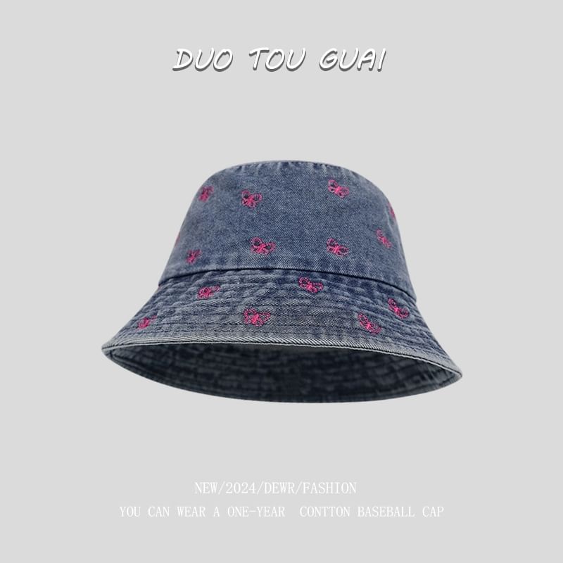 Bucket Hat Embroidered Denim Washed Bow