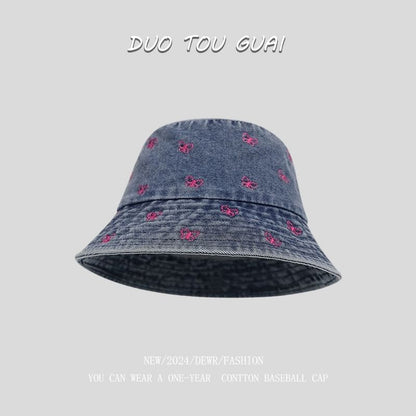 Bucket Hat Embroidered Denim Washed Bow