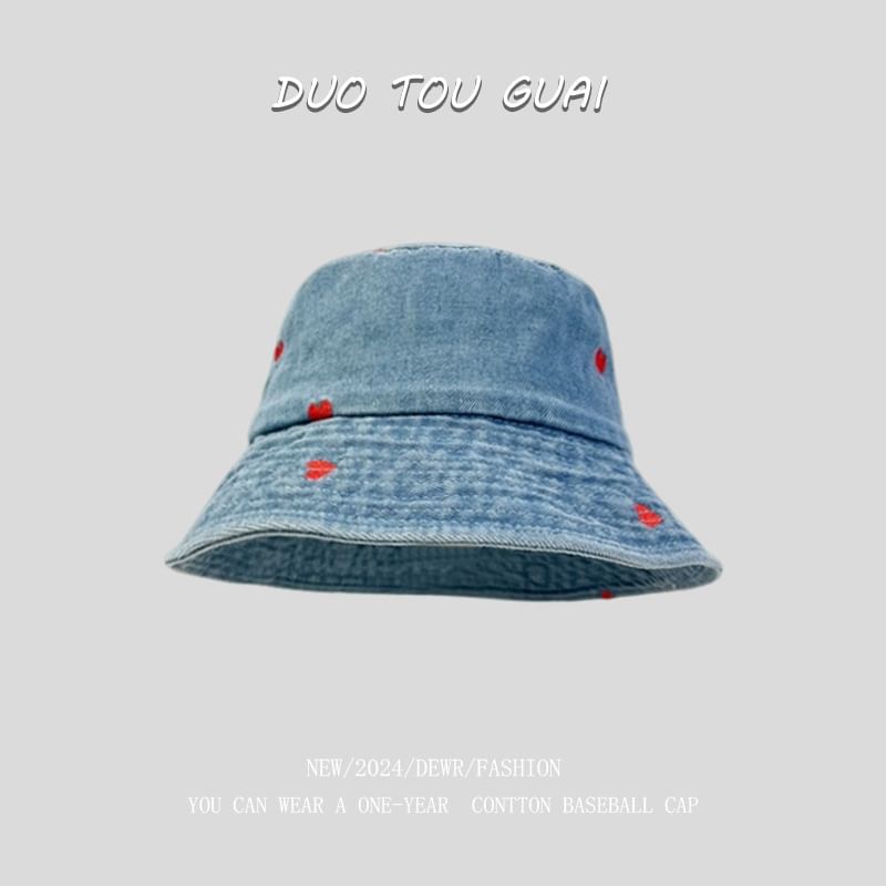 Denim Embroidered Hat Washed Heart Bucket