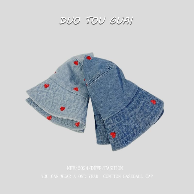 Denim Embroidered Hat Washed Heart Bucket