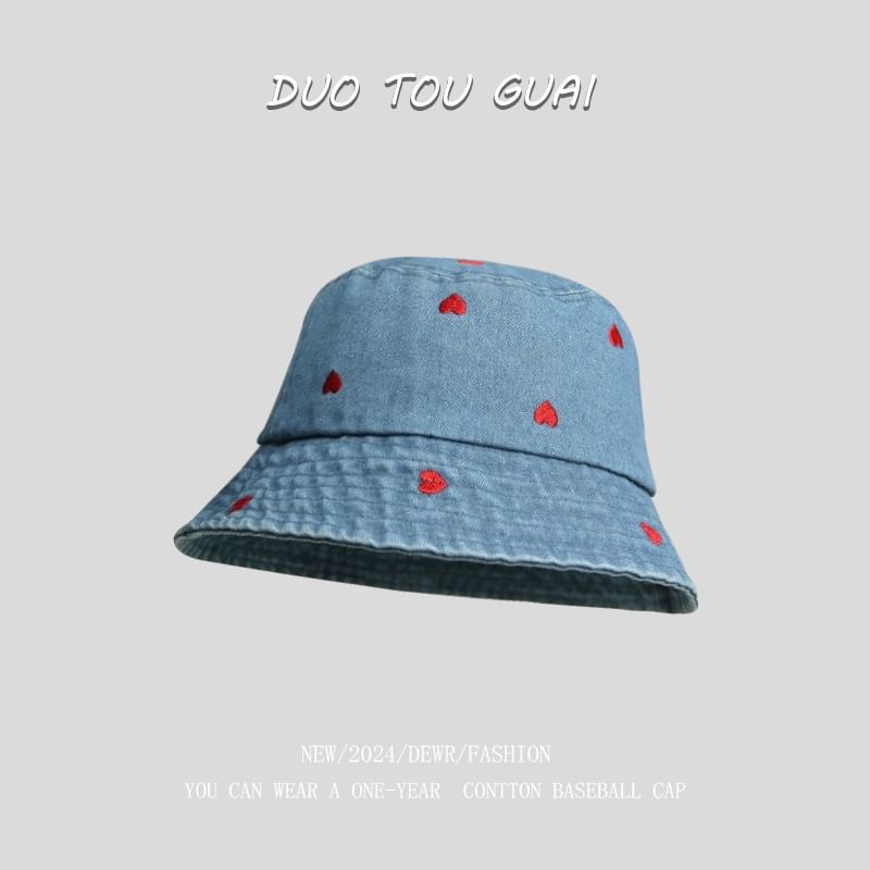 Denim Embroidered Hat Washed Heart Bucket