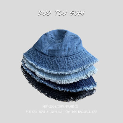 Washed Bucket Hat Denim Frayed