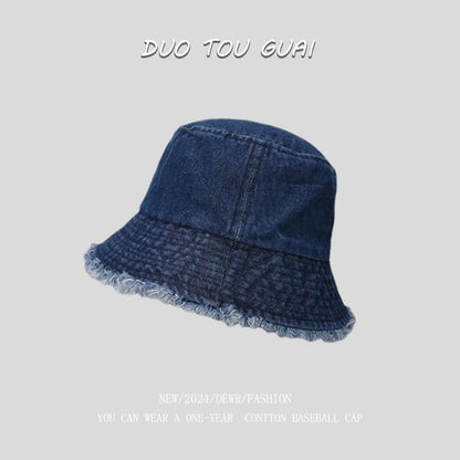 Washed Bucket Hat Denim Frayed