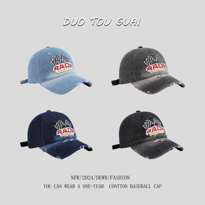 Denim Baseball Embroidered Distressed Washed Lettering Cap