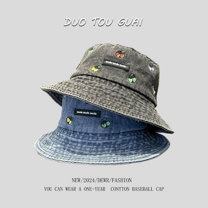 Washed Hat Bucket Embroidered Cherry Denim