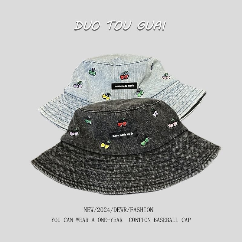 Washed Hat Bucket Embroidered Cherry Denim