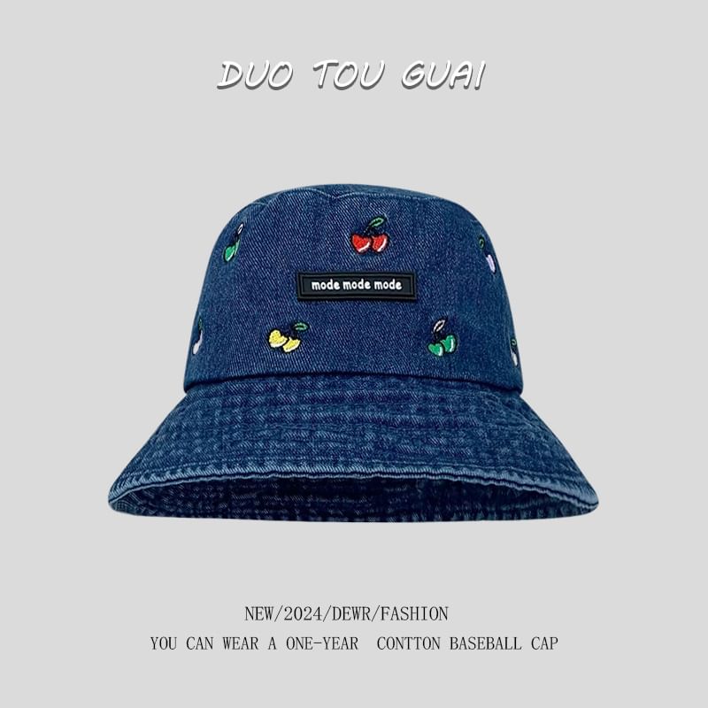 Washed Hat Bucket Embroidered Cherry Denim
