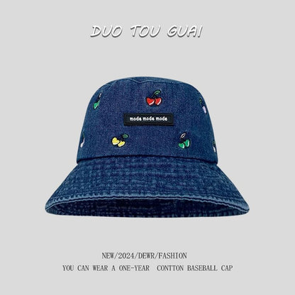 Washed Hat Bucket Embroidered Cherry Denim