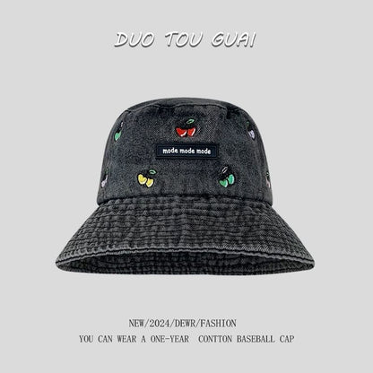 Washed Hat Bucket Embroidered Cherry Denim