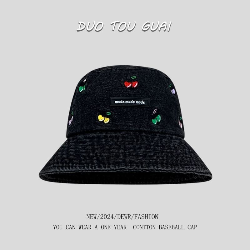 Washed Hat Bucket Embroidered Cherry Denim