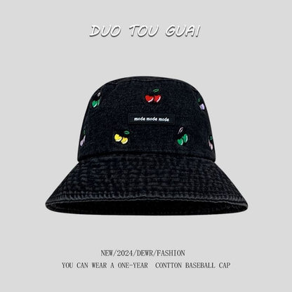 Washed Hat Bucket Embroidered Cherry Denim