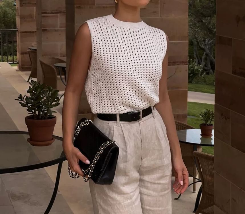 Sleeveless Round Neck Plain Knit Top