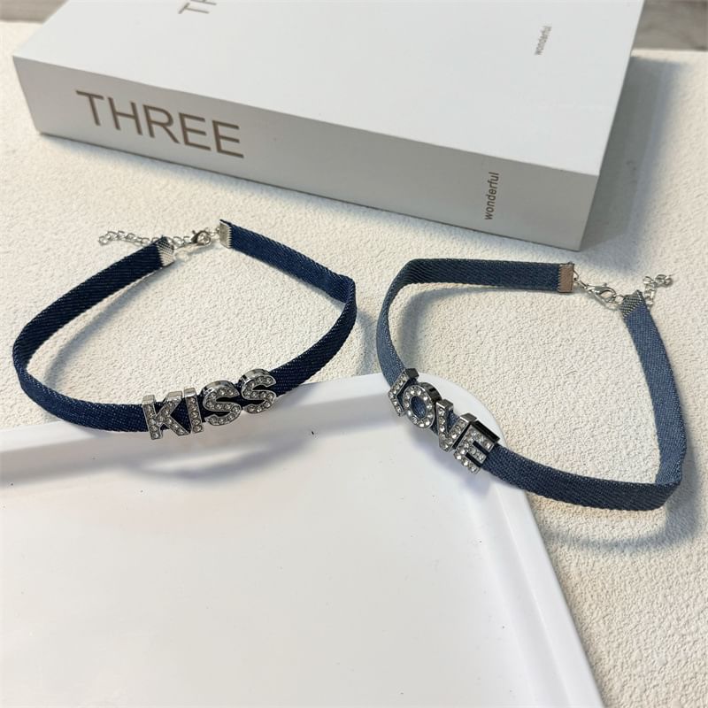 Lettering (Various Designs) Choker Denim Rhinestone