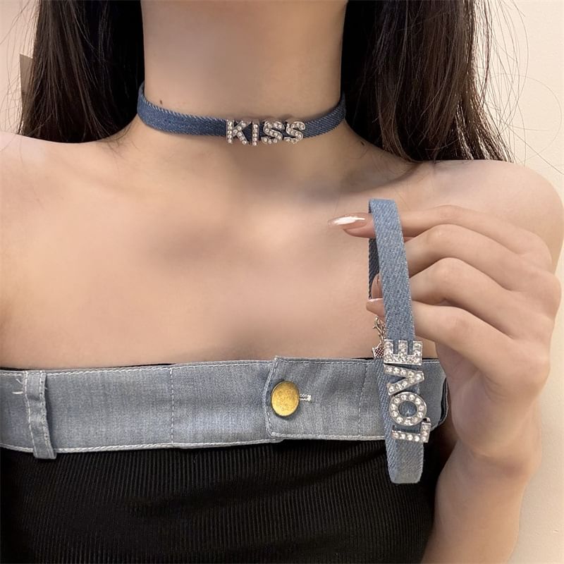Lettering (Various Designs) Choker Denim Rhinestone