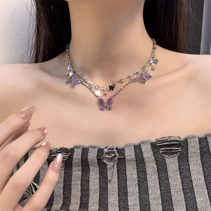 Faux Crystal Layered Fringed Necklace Butterfly